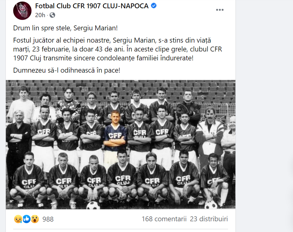 CFR Cluj, comunicat după decesul lui Sergiu Sebastian Marian
