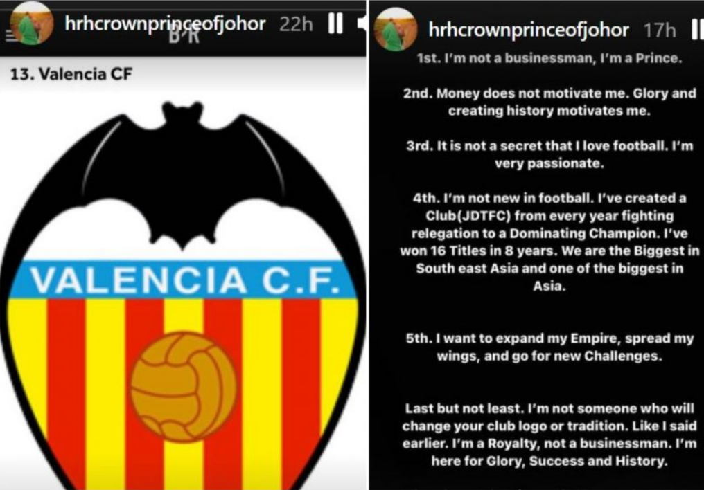 Tunku Ismail, cunoscut și drept „Prințul din Johor”, vrea să cumpere Valencia