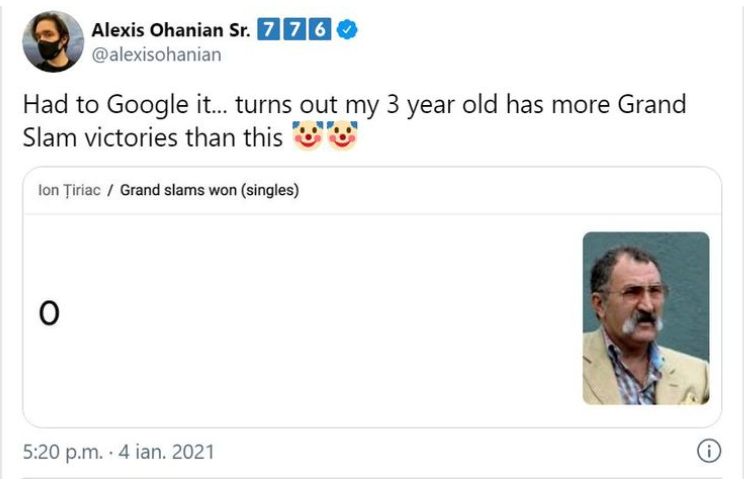 Alexis Ohanian, atac grosolan la Ion Țiriac