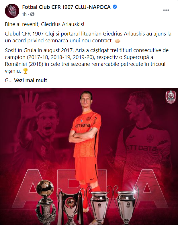 Arlauskis a revenit oficial la CFR Cluj.