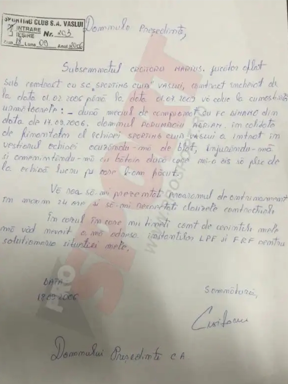 Scrisoarea lui Croitoru din vremea în care acesta era jucător activ la FC Vaslui