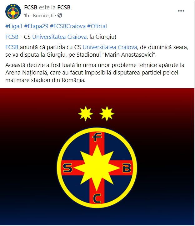Comunicat oficial emis de FCSB. Duelul cu Universitatea Craiova nu se va mai juca pe Arena Națională, ci la Giurgiu