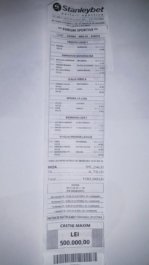 Acesta este biletul celui care a reușit să câștige 500.000 de lei pe un bilet pe care a mizat 100 de lei