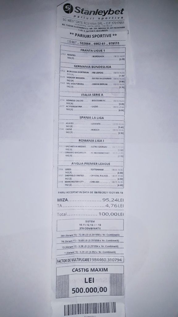 Bilet câștigător pariuri sportive