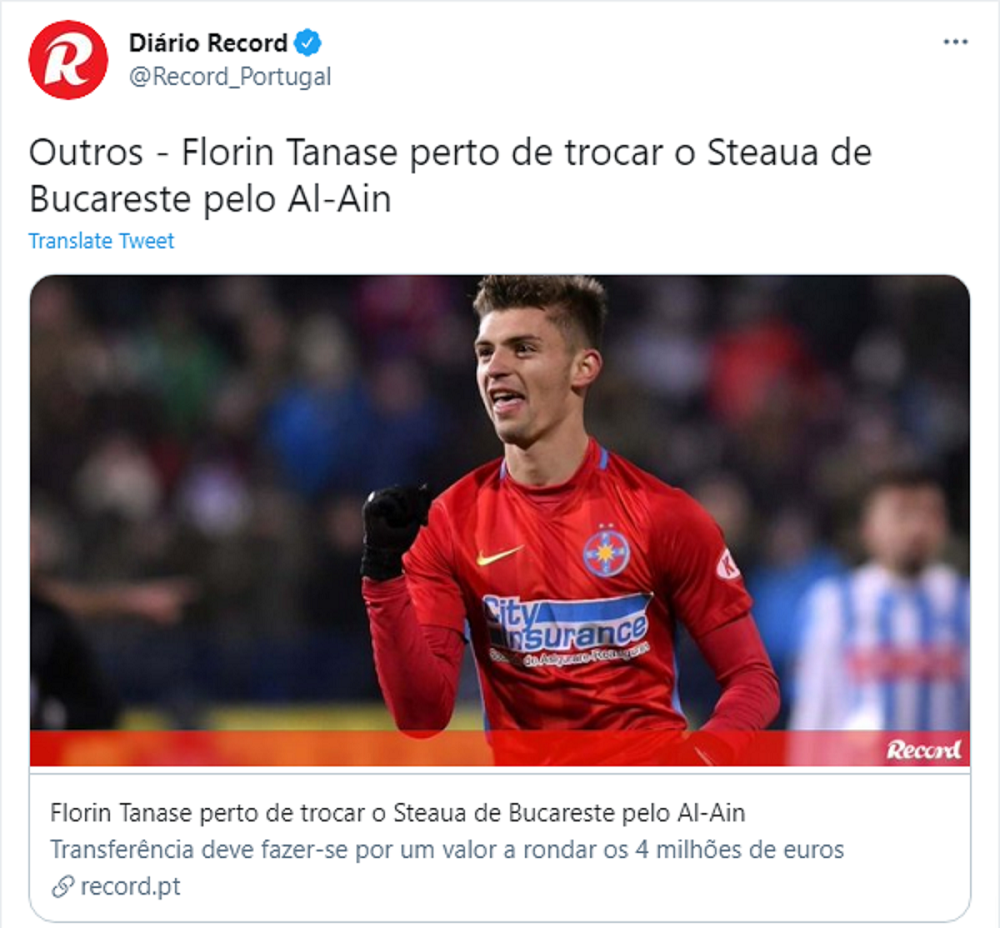 Jurnaliștii portughezi de la Record anunță că transferul lui Florin Tănase la Al Ain este aproape să fie rezolvat