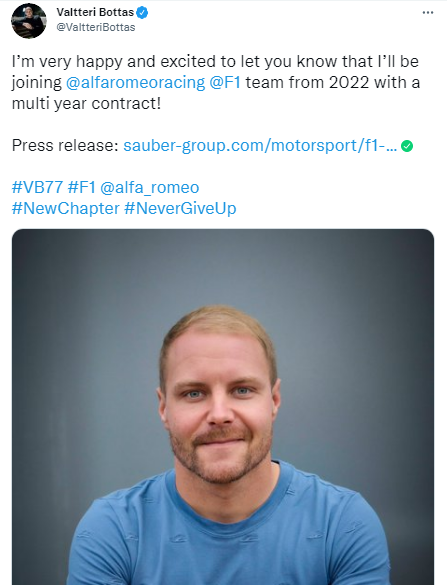 Valtteri Bottas a confirmat mutarea la Alfa Romeo pe Twitter