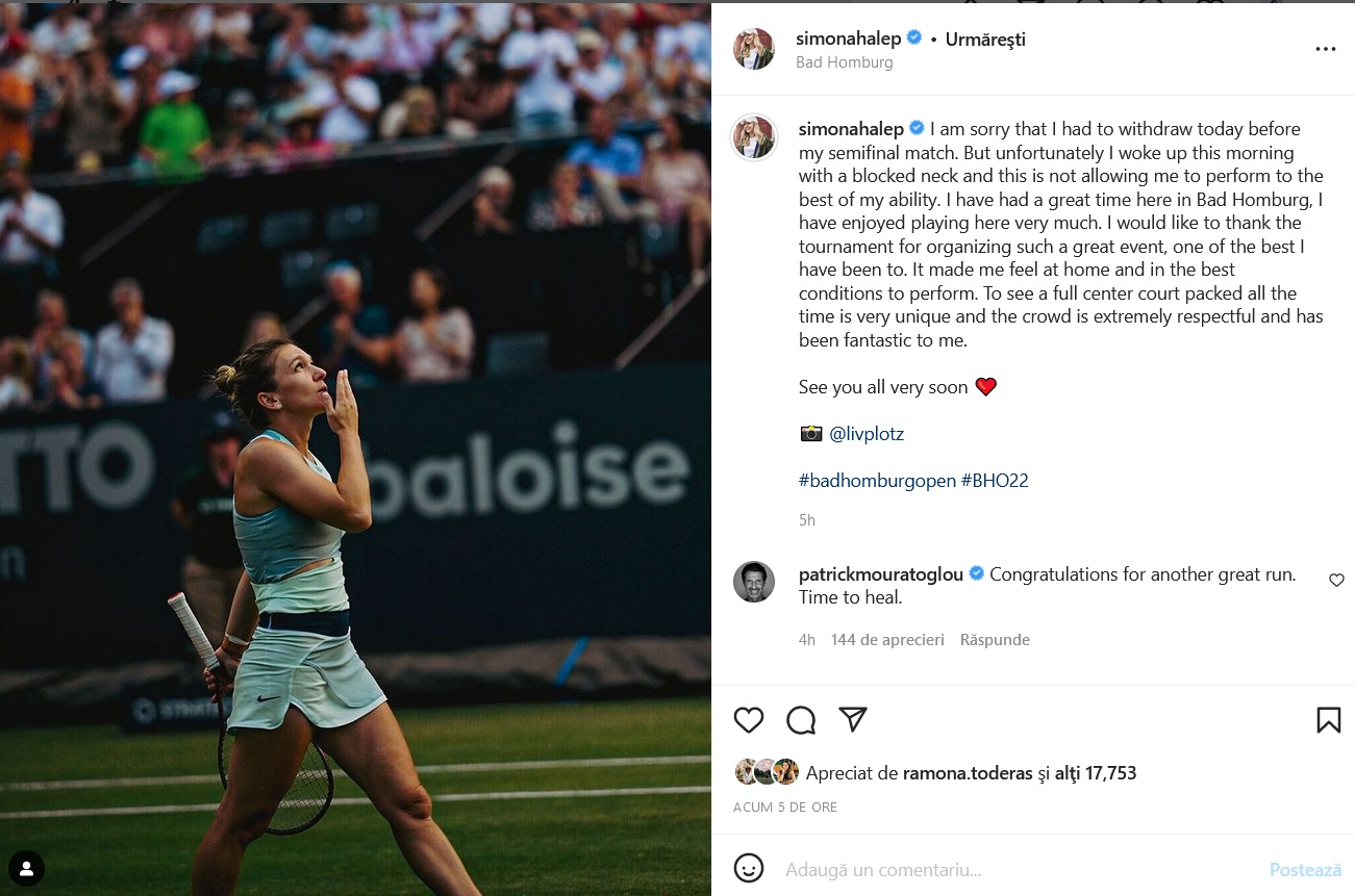 Comentariul lui Patrick Mouratoglou la postarea Simonei Halep