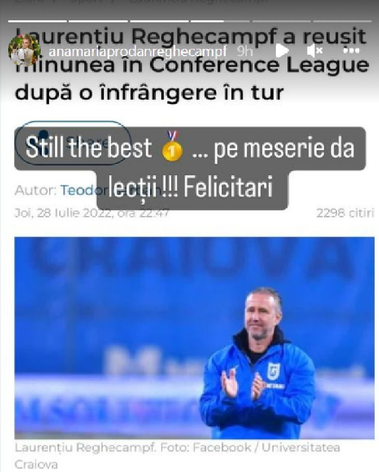 Mesajul transmis de Anamaria Prodan după performanța reușită de Laurențiu Reghecampf în Conference League