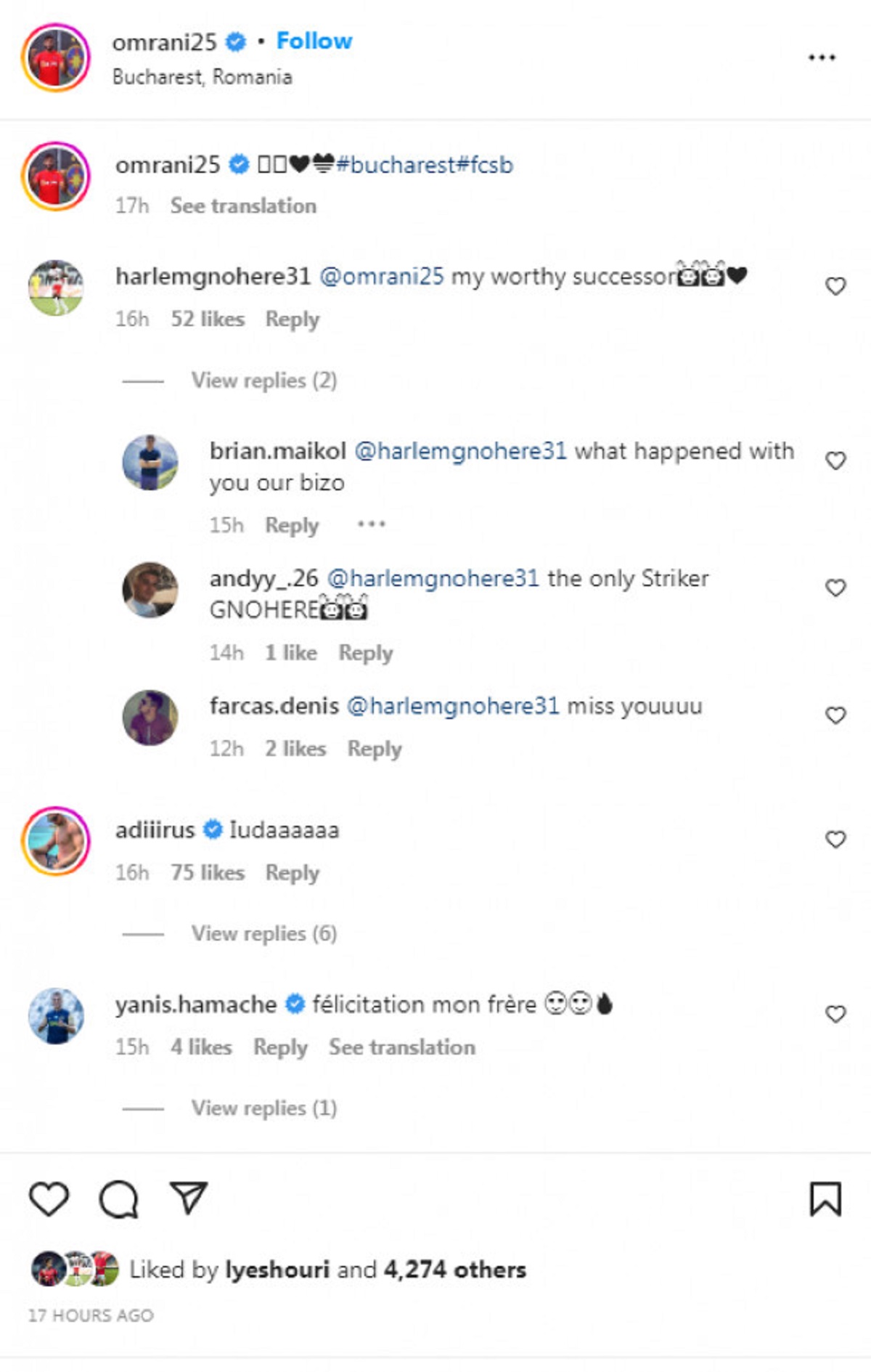 Mesajele primite de Billel Omrani în secțiunea de comentarii de la prima sa postare de când a semnat cu FCSB. Sursă: Instagram