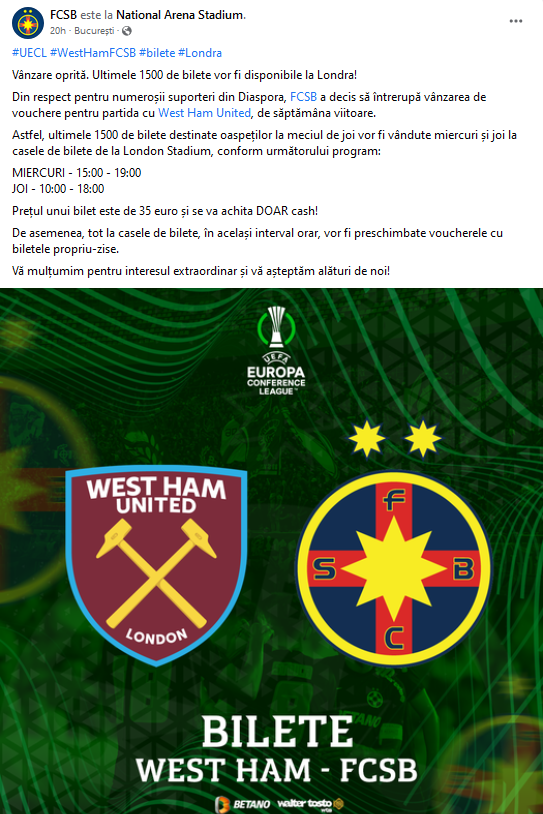 West Ham - FCSB, anunt bilete