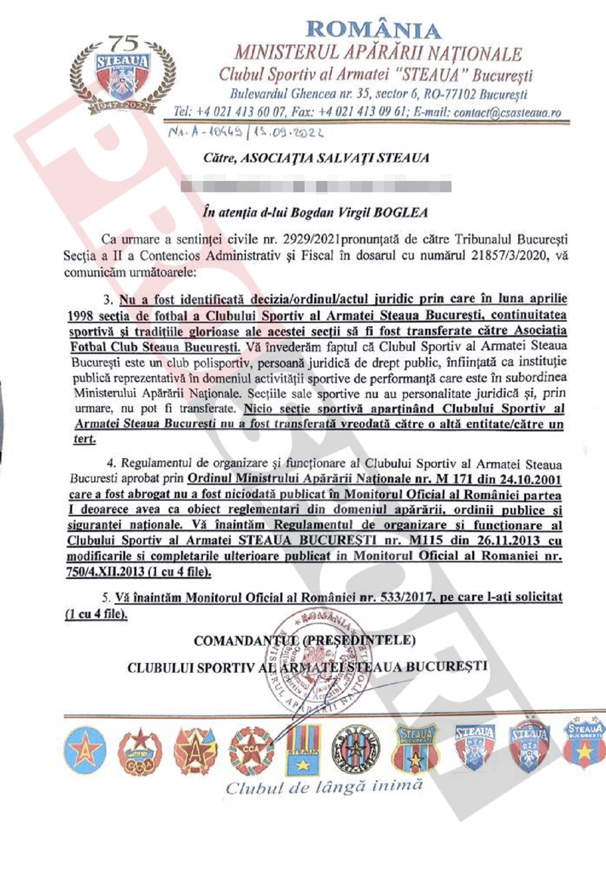 Scrisoarea oficială transmisă de comandantul CSA Steaua. Sursă: ProSport