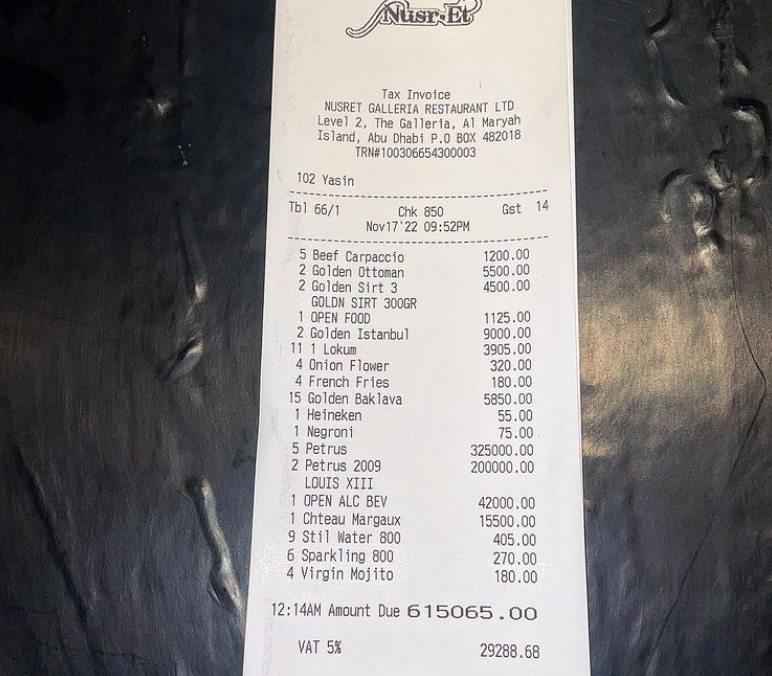 Aşa arată nota de plată achitată la resturantul lui Nusret