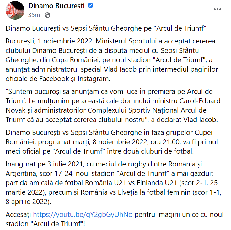 Postarea dinamoviştilor prin care îşi anunţă 