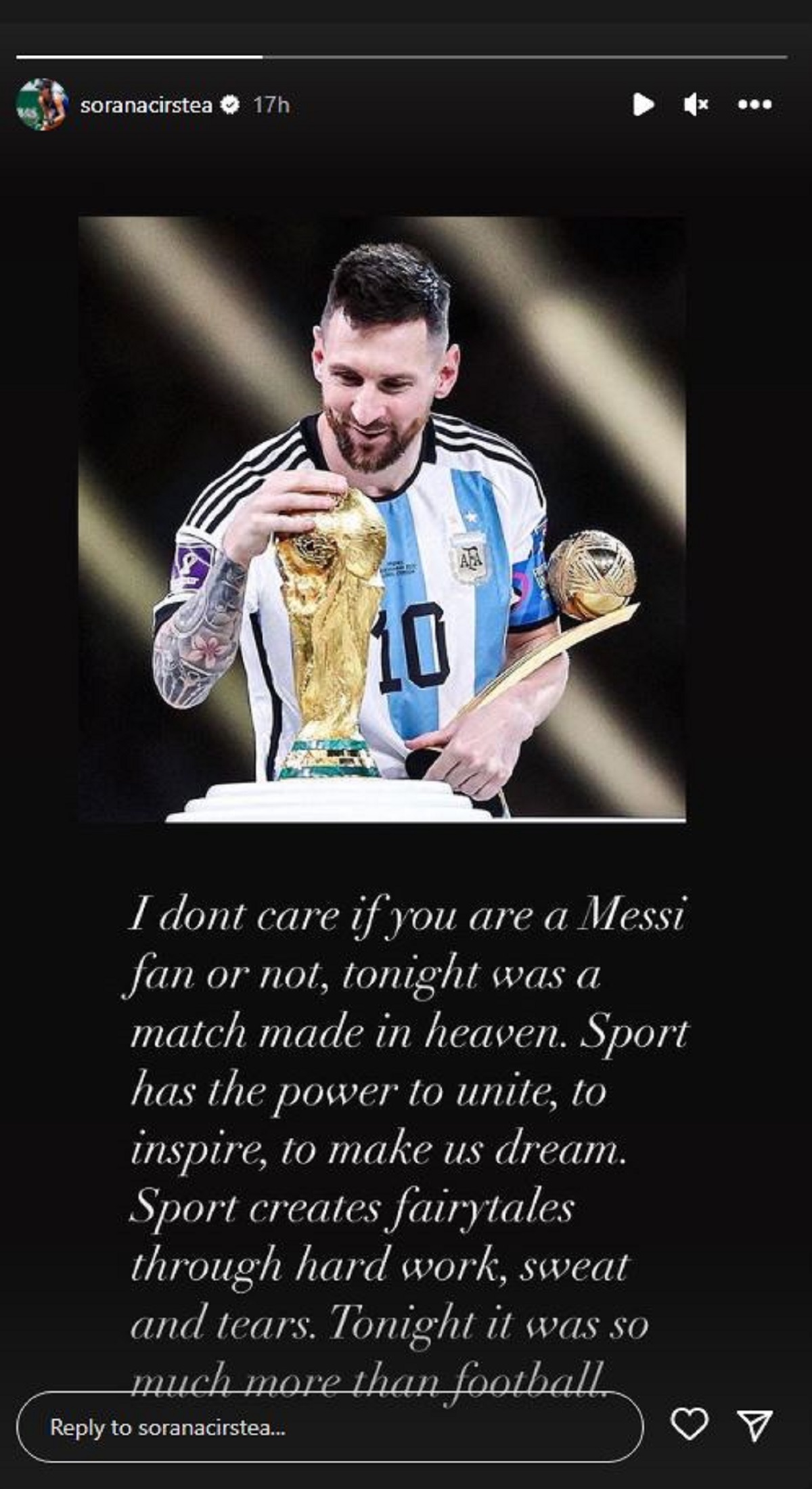 Postarea Soranei Cîrstea de pe Instagram, la finalul meciului dintre Argentina și Franța
