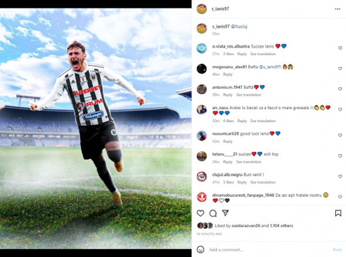 Postarea făcută de Ianis Stoica pe Instagram la scurt timp dupa ce s-a oficializat imprumutul sau la Universitatea Cluj