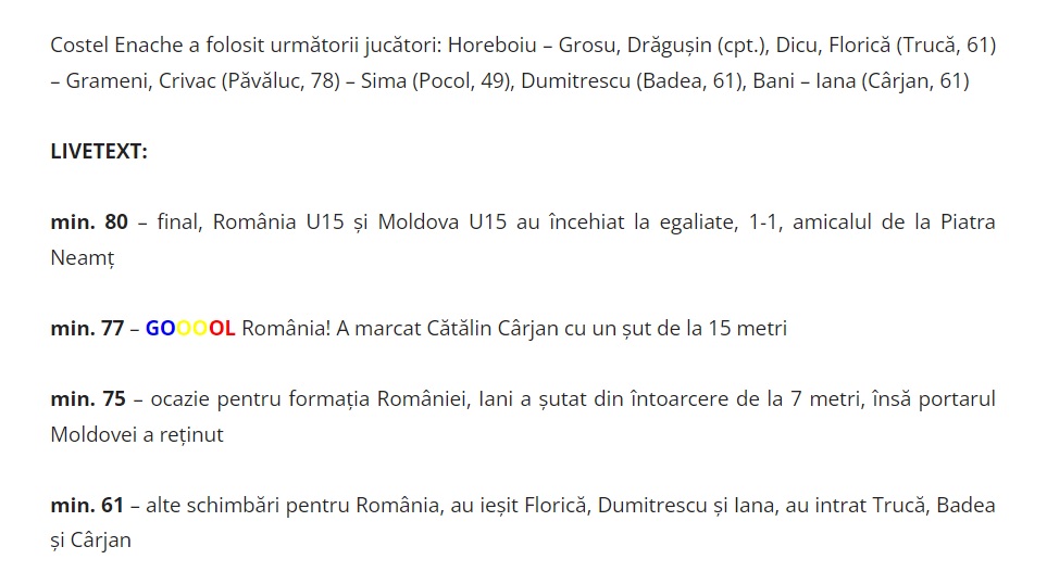 Live-ul meciului România - Moldova de la U15, în care Cîrjan a intrat pe teren doar la final.