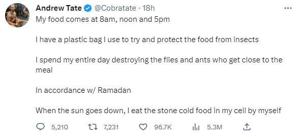 Postarea prin care Andrew Tate dezvăluie condiţiile din închisoare 