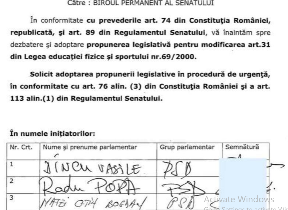 Aceştia sunt parlamentarii care au depus iniţiativa de modificare a Legii Sportului 