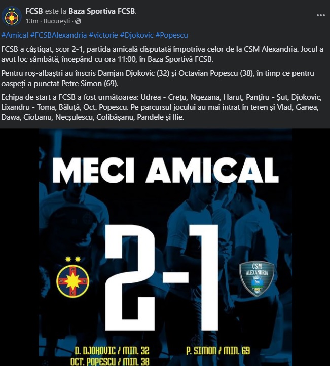 Tavi Popescu și Djokovic, marcatori pentru FCSB! Victorie în testul cu CSM Alexandria
