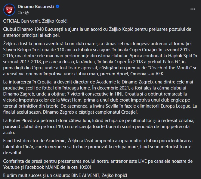 Mesajul prin care Kopic a fost anunțat oficial ca antrenor al lui Dinamo