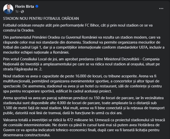 Postarea lui Florin Birta de pe Facebook