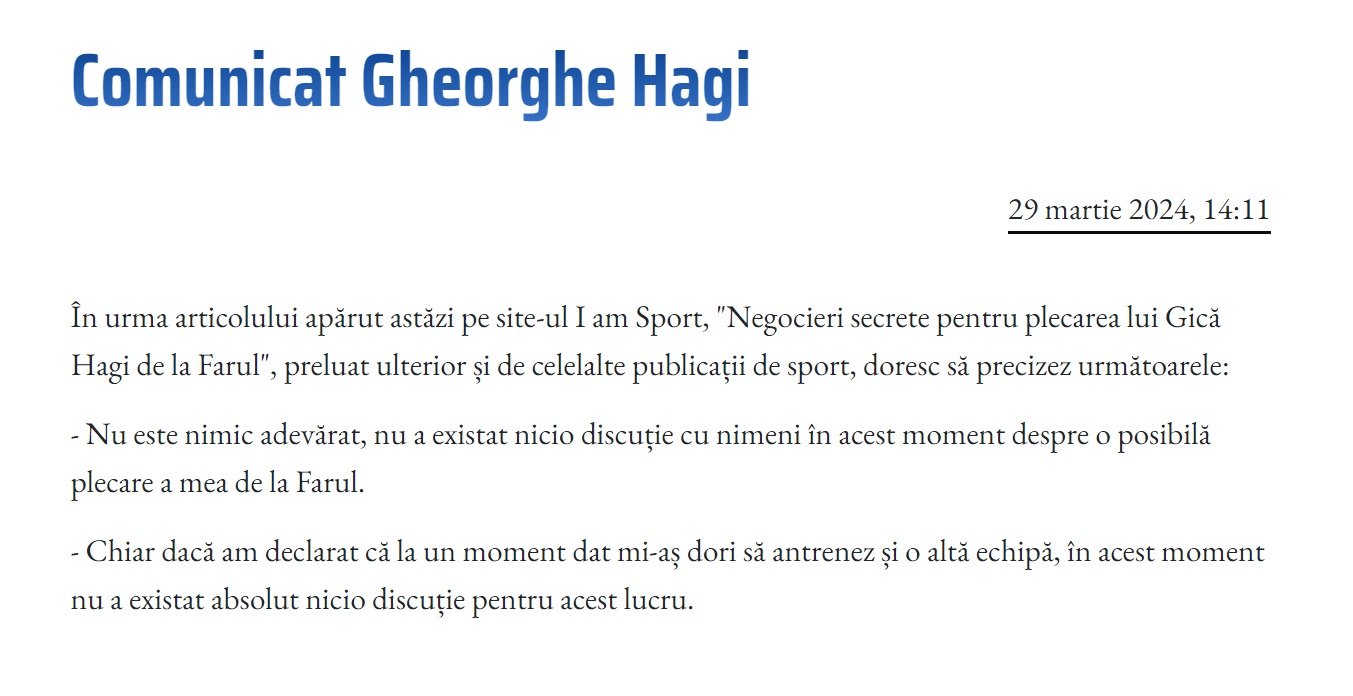 Comunicatul lui Hagi