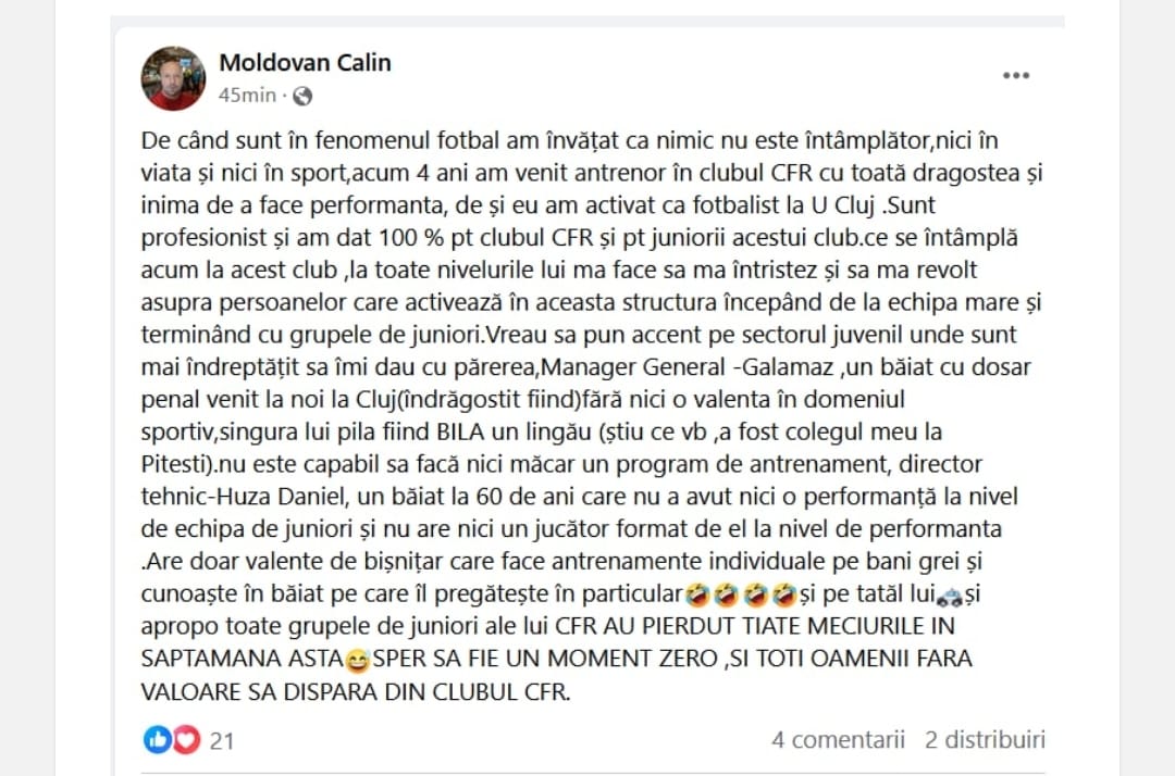 Postarea ștearsă de Călin Moldovan la numai câteva minute după ce a fost publicată